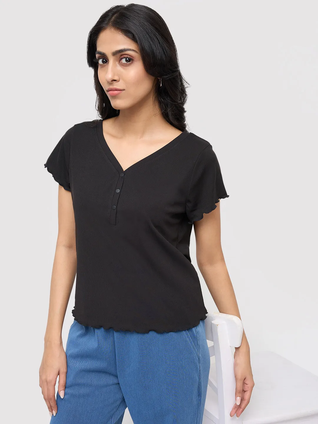 Women T-Shirt Textured Black Regular Fit - Image 7
