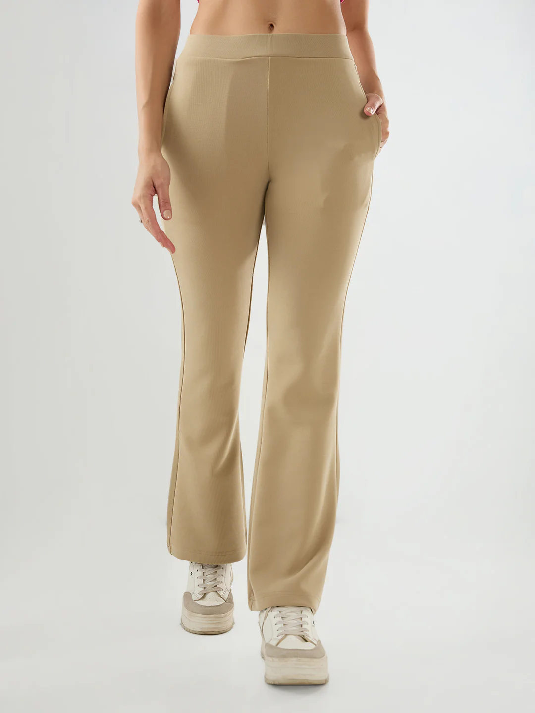 Women Trackpant Boot Cut Fit Beige Mid Rise - Image 2