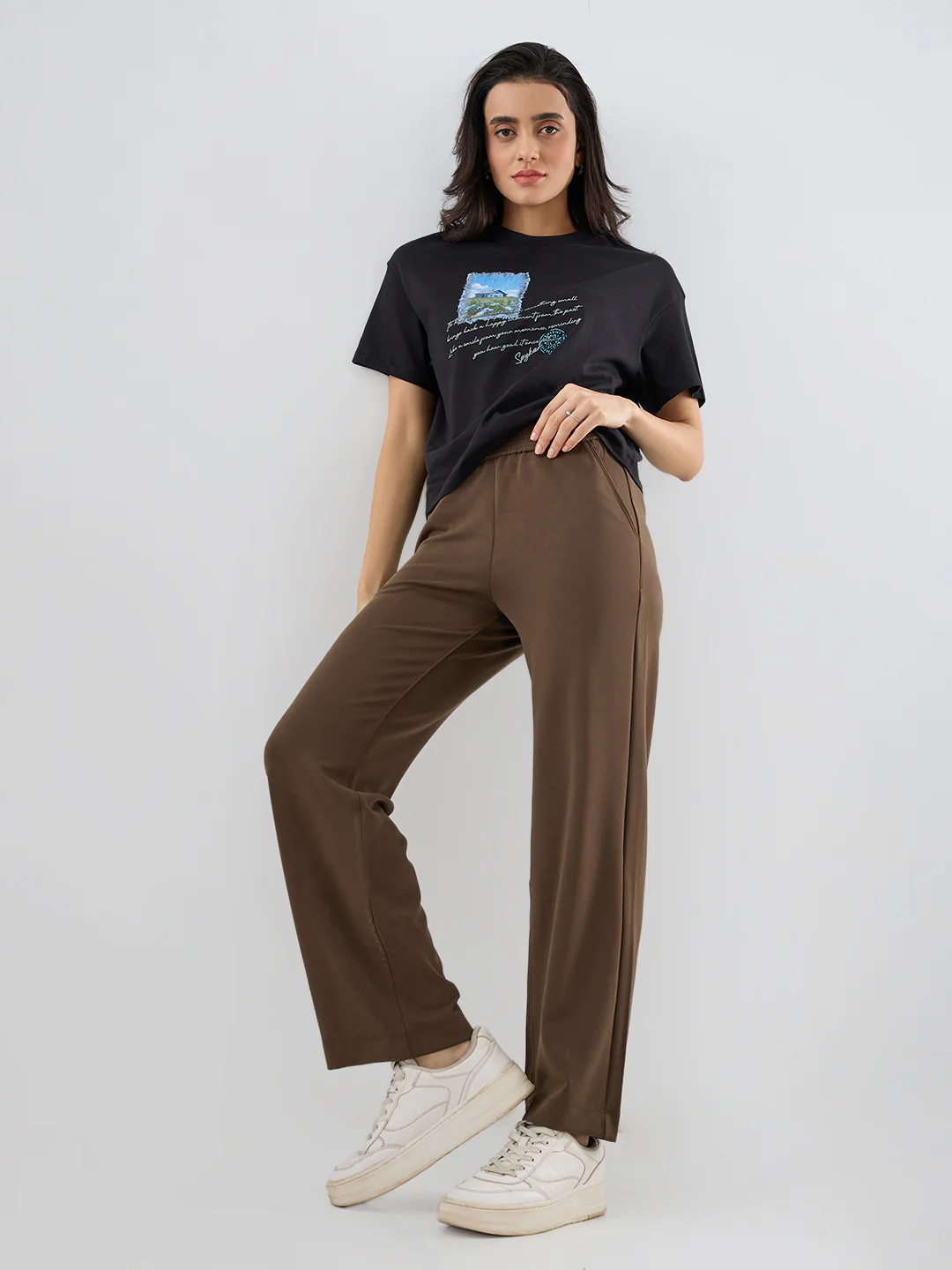Women Trackpant Straight Fit Brown Mid Rise