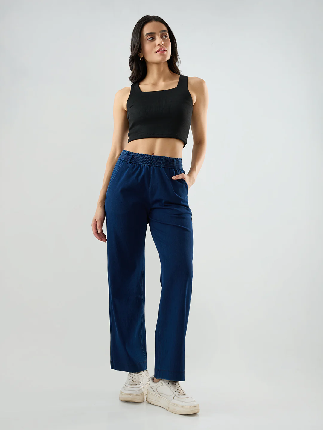 Women Trackpant Straight Fit Dark Blue Mid Rise