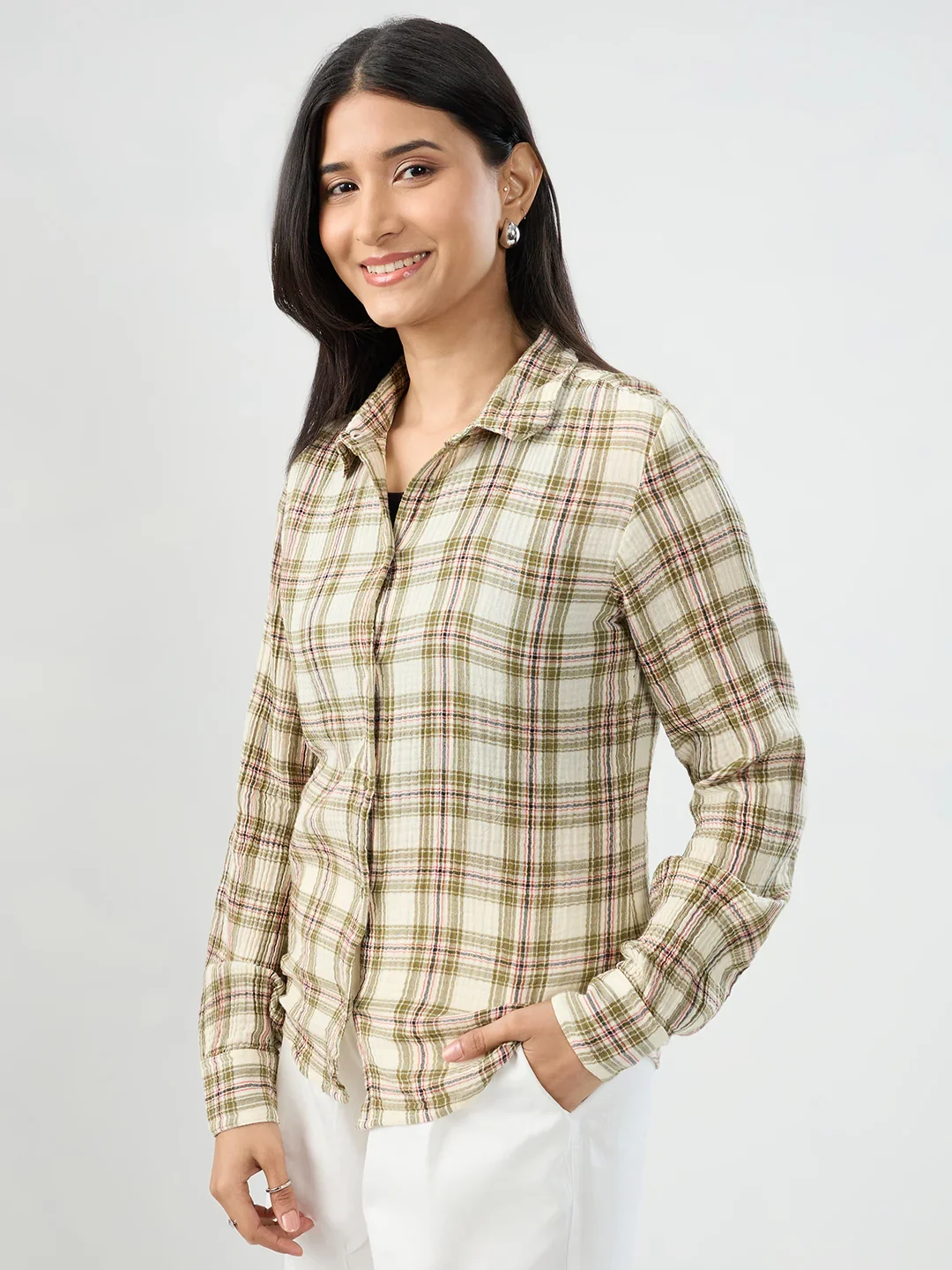 Women Shirt Check Green Regular Fit - Image 3