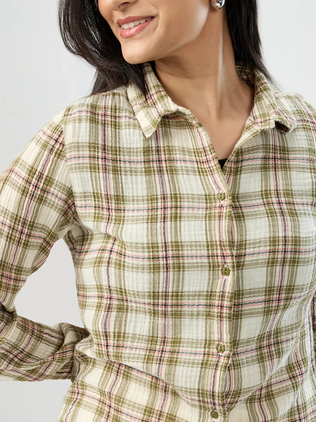 Women Shirt Check Green Regular Fit - Image 4