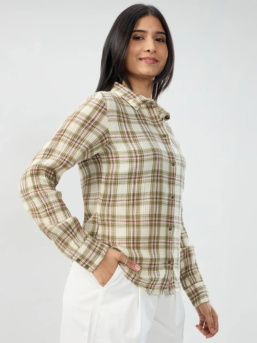 Women Shirt Check Green Regular Fit - Image 5