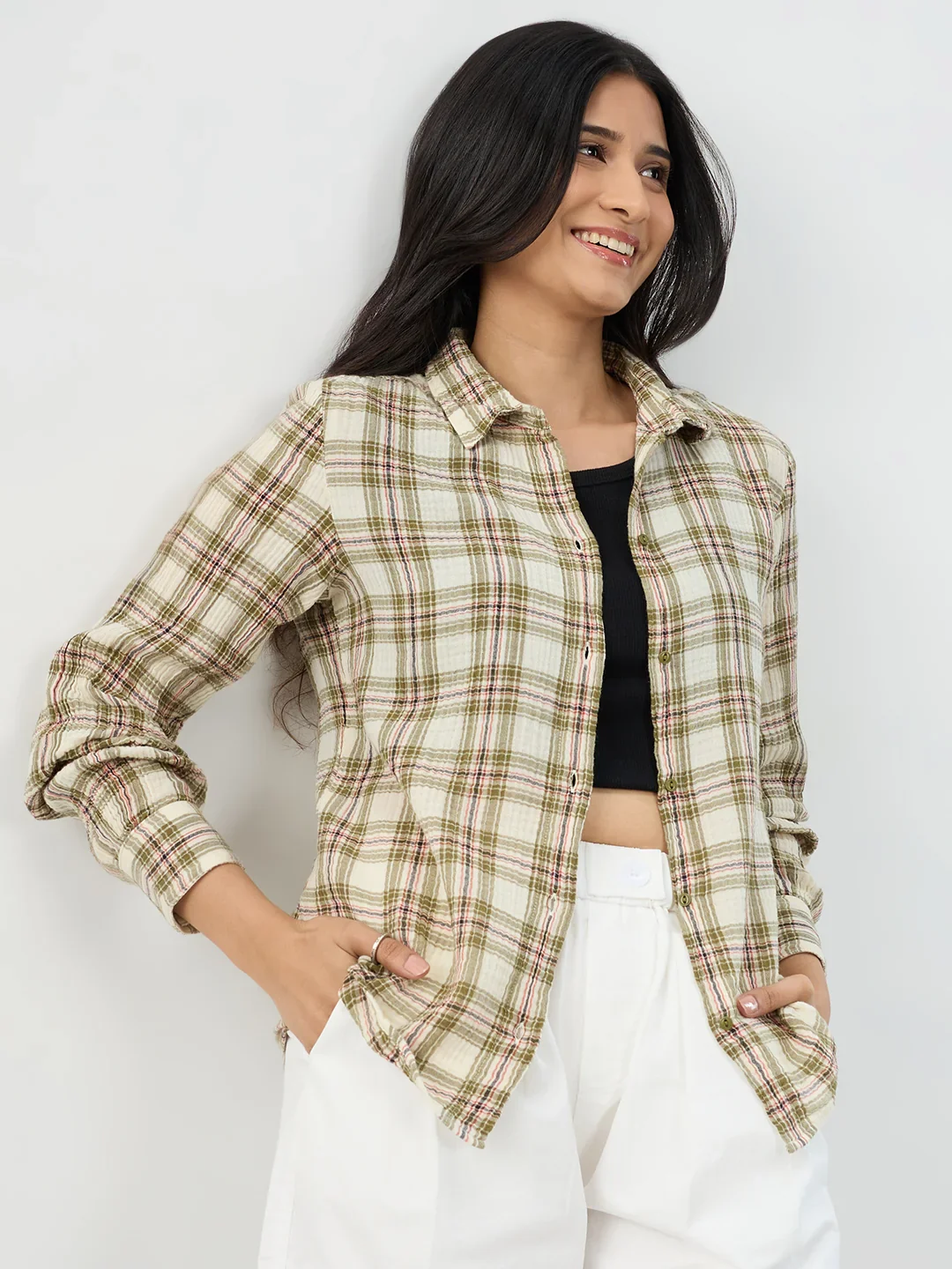 Women Shirt Check Green Regular Fit - Image 7