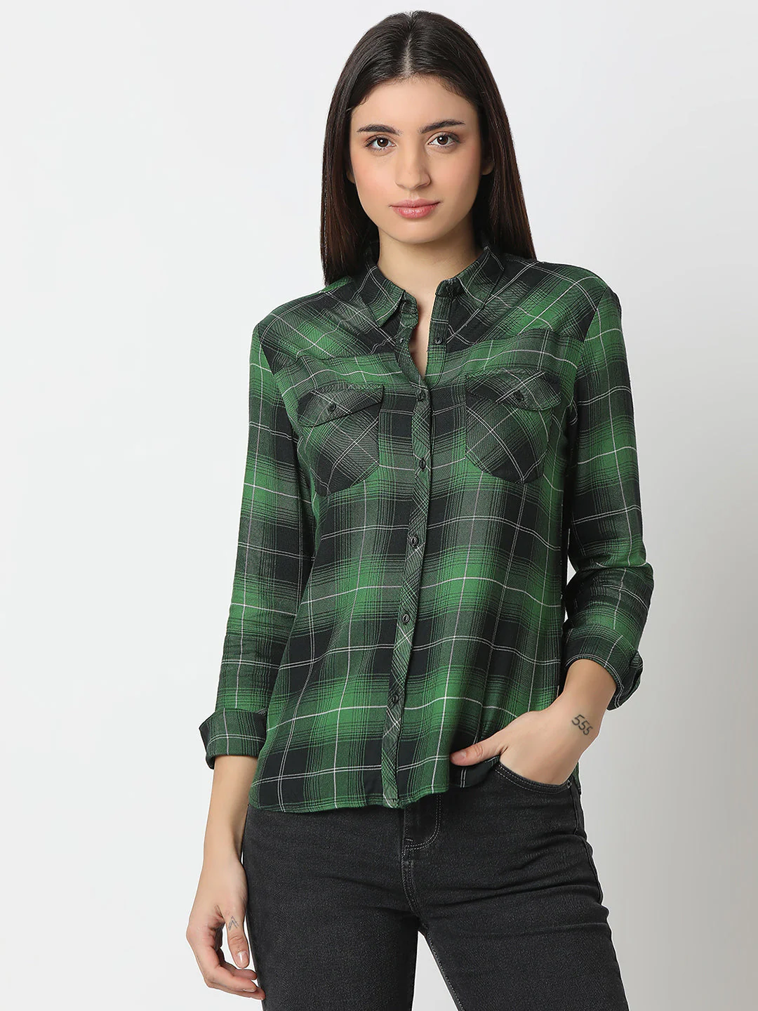 Women Shirt Check Green Regular Fit