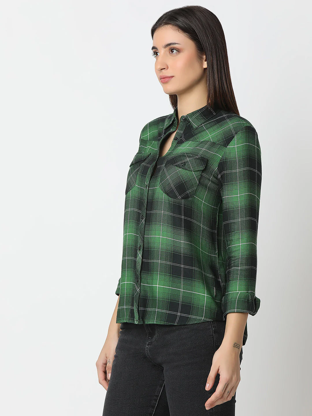 Women Shirt Check Green Regular Fit - Image 2
