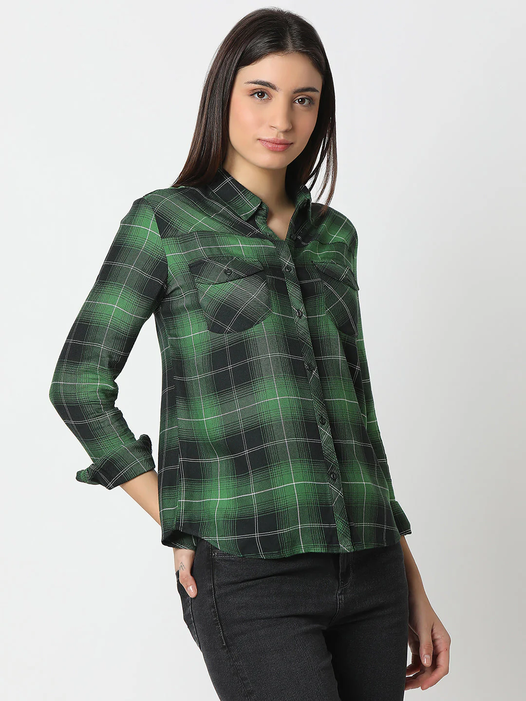 Women Shirt Check Green Regular Fit - Image 3