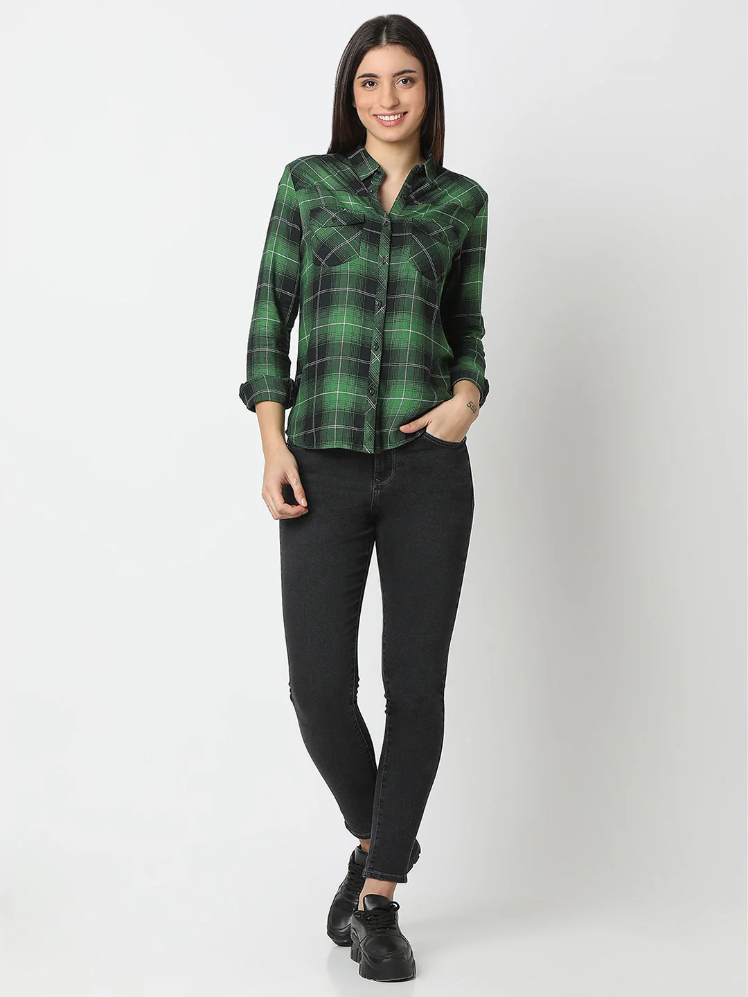 Women Shirt Check Green Regular Fit - Image 6