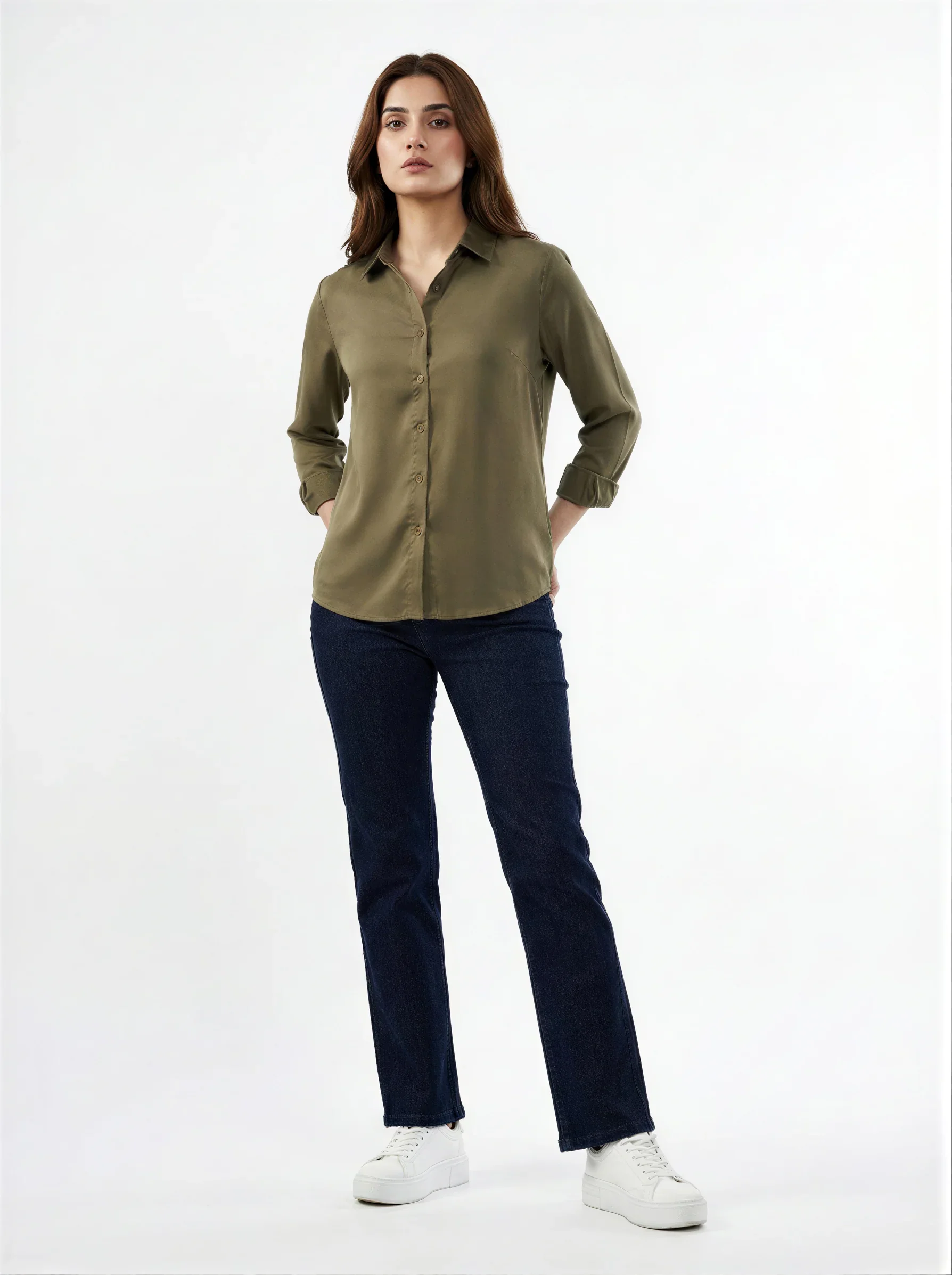 Women Shirt Solid Green Regular Fit - Image 2