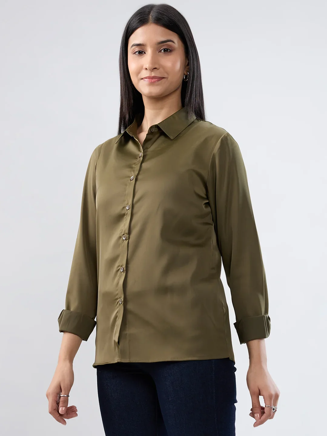 Women Shirt Solid Green Regular Fit - Image 3