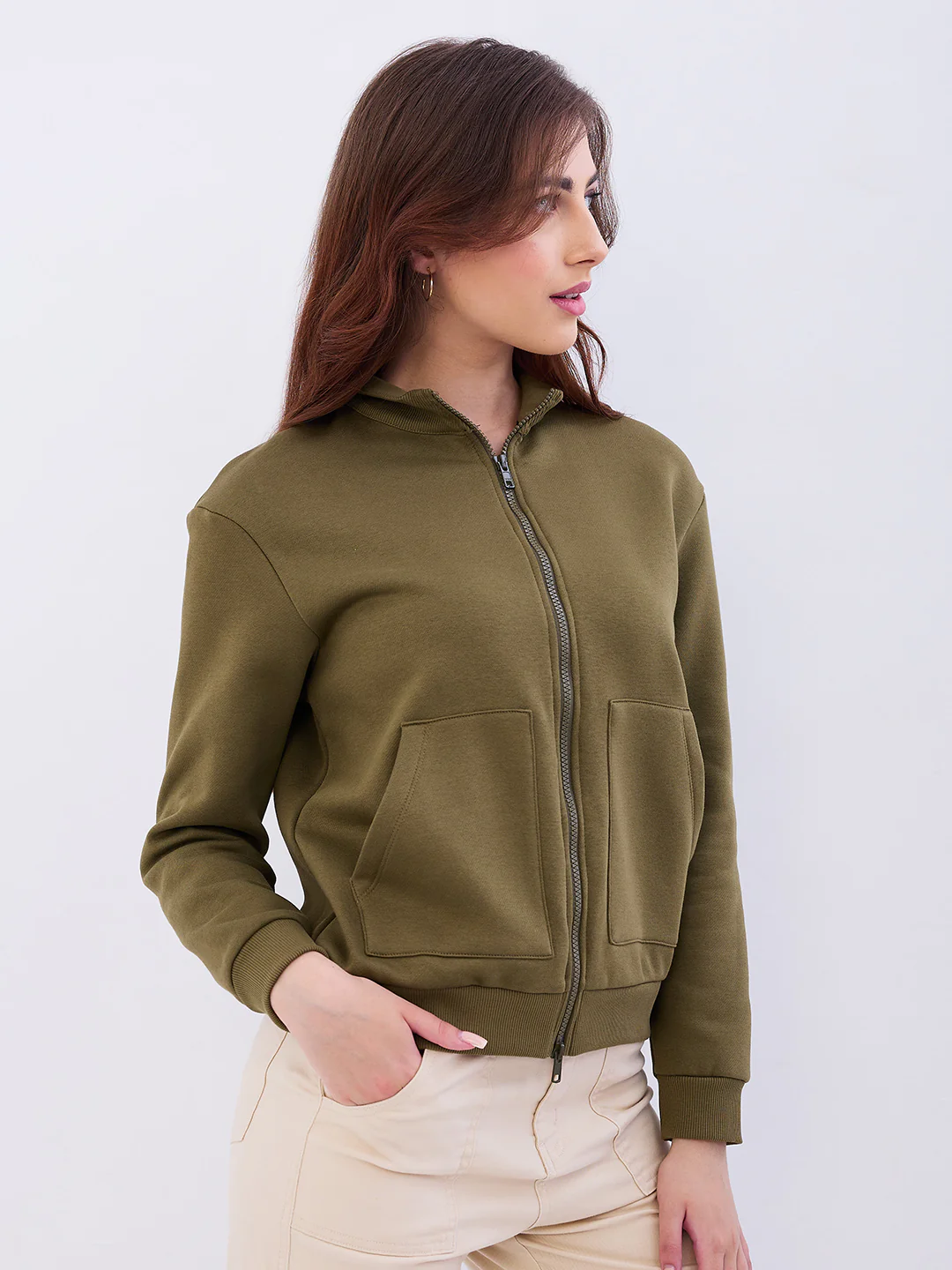 Women Sweatshirt Olive Green Relaxed Fit