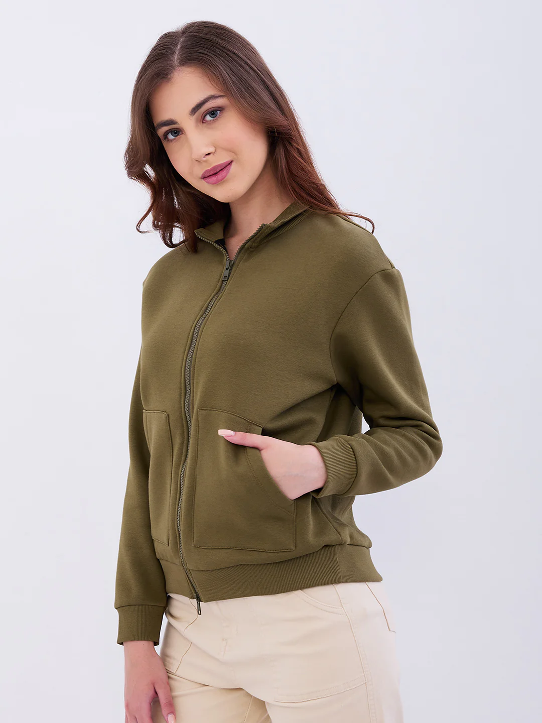 Women Sweatshirt Olive Green Relaxed Fit - Image 3
