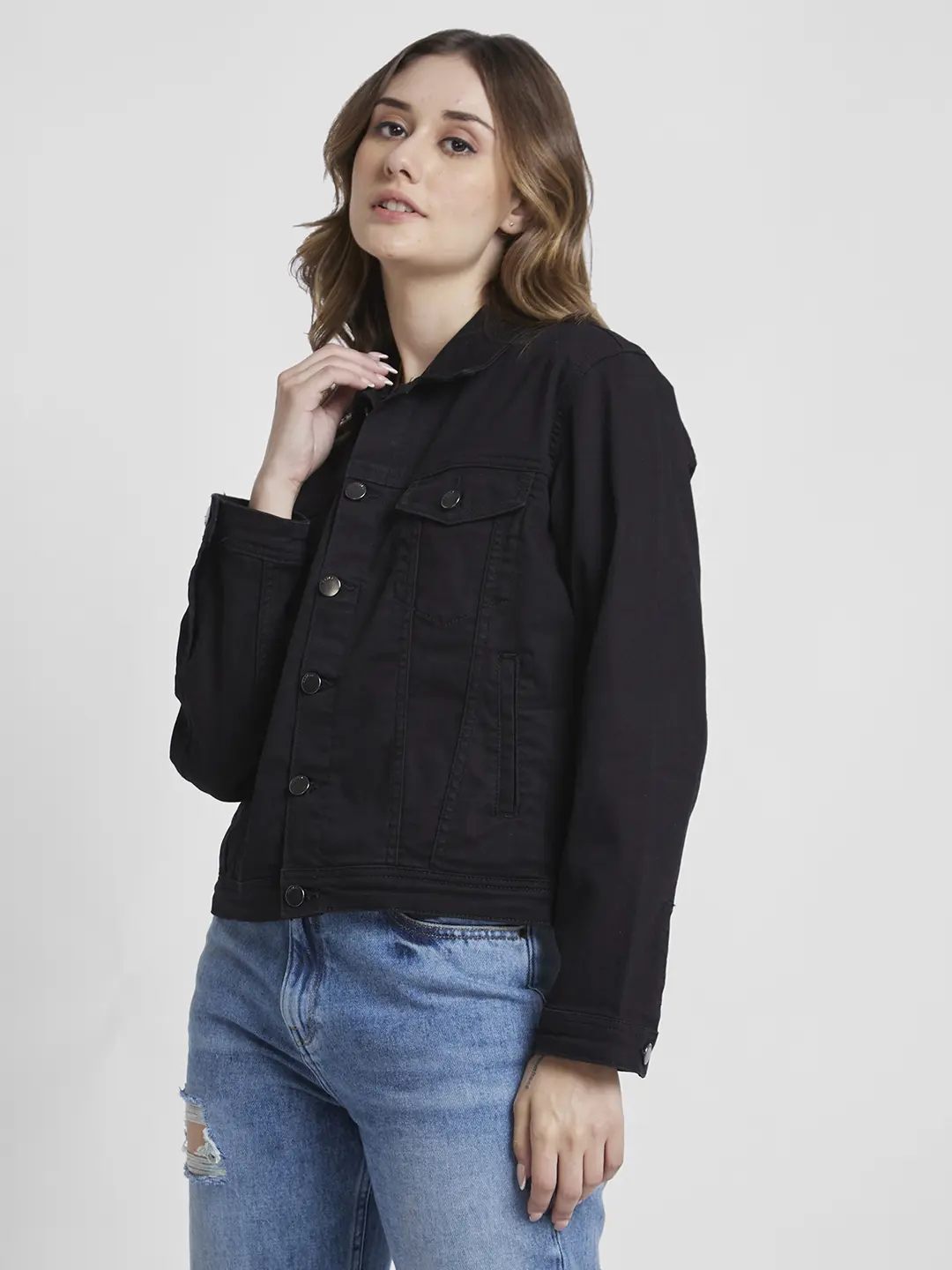 Women Denim Jacket Black Regular Fit - Image 4