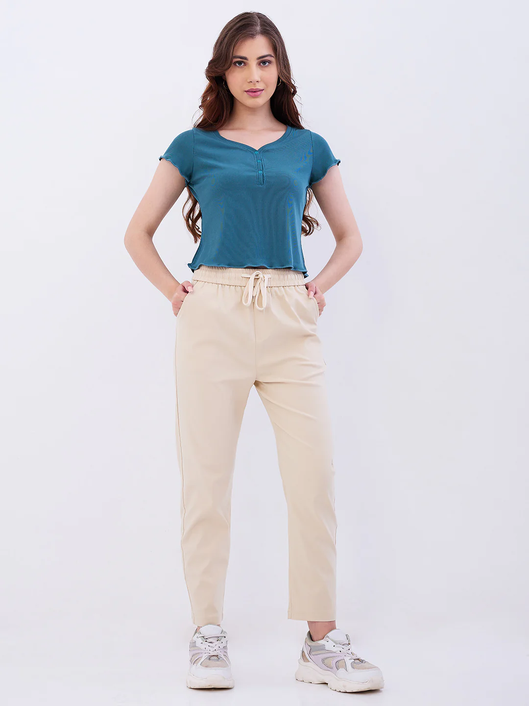 Women Trouser Slim Fit Beige Mid Rise - Image 5