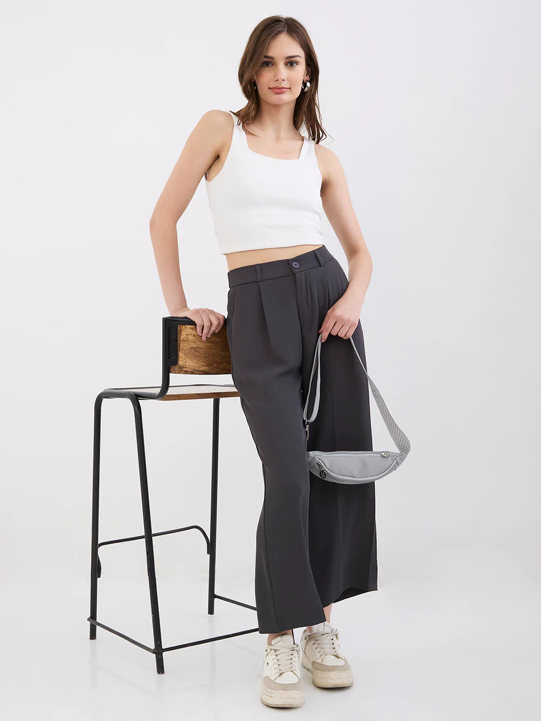 Women Trouser Wide Leg Grey High Rise - Image 7